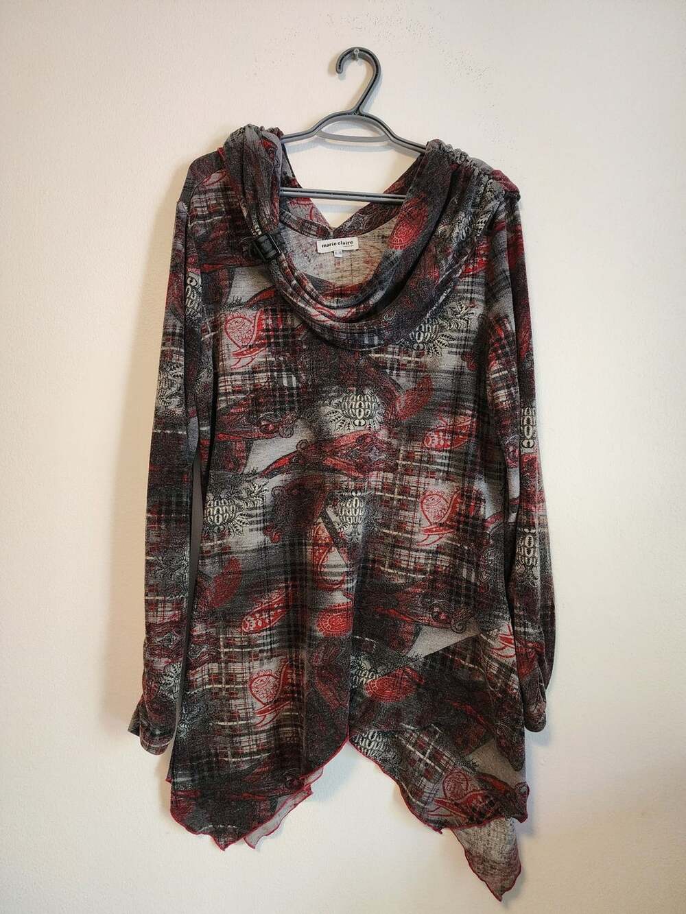 Marie Claire Cowl Neck Tunic Size XL Red Black Plaid Paisley Asymmetric